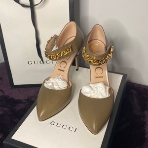 Gucci Sylvie Gold Chain Ankle Strap Leather Pumps
